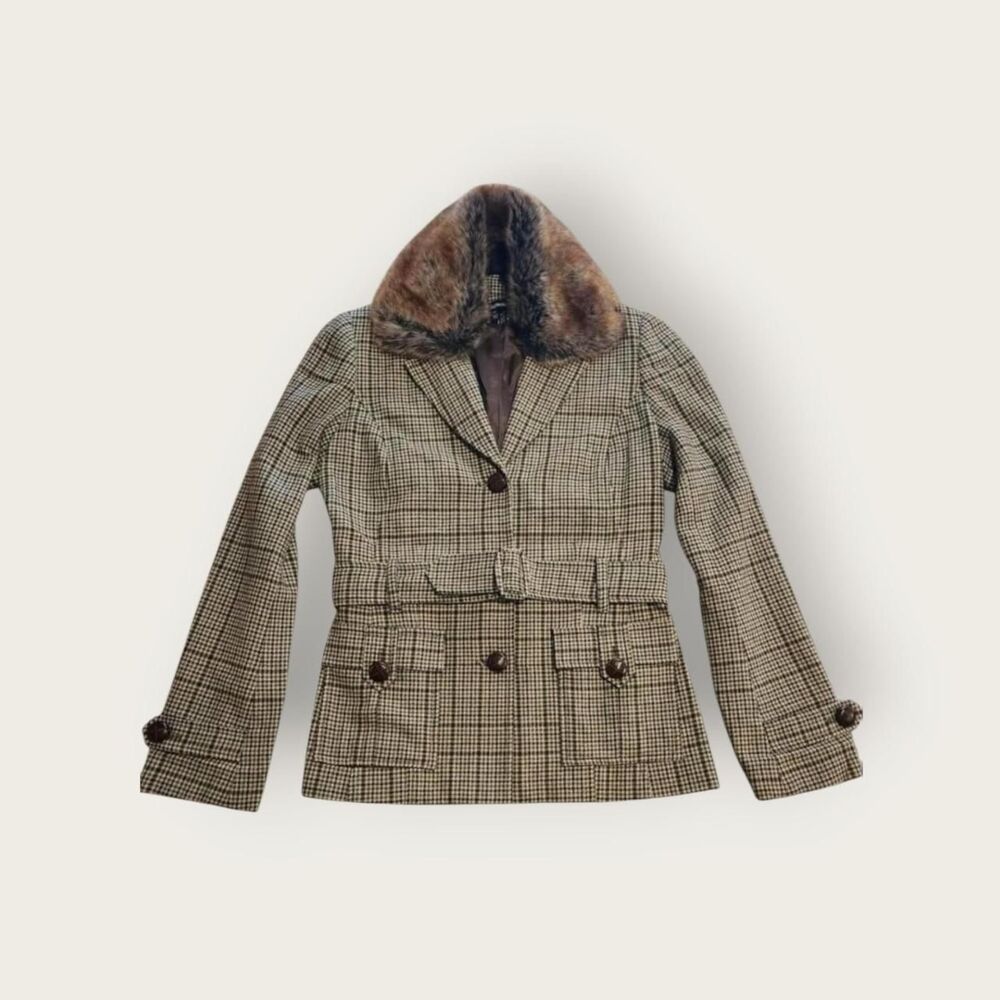 VTG Y2k Le Chateau brown houndstooth button up jacket w/ removable fur collar